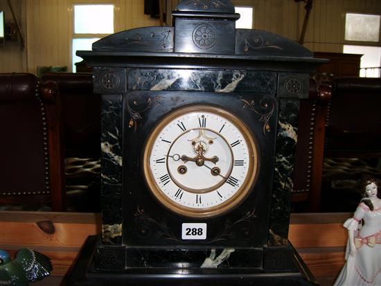 Victorian black slate and green marble mantel clock, with Brocot escapement